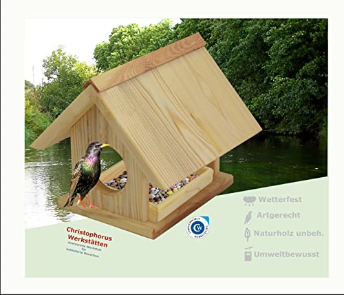 Christophorus-Werkstätten Futterhaus mit ausziehbarem Kasten |Kiefernholz | Heimische Vögel | Wetterfest | Garten, Balkon oder Terrasse | In Handarbeit gefertigt nach NABU-Vorgabe | Made in Germany Cover