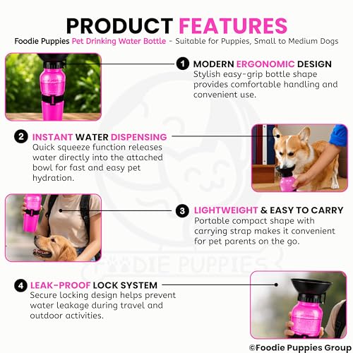Image of Foodie Puppies Portable Dog Water Bottle, (530ml,18Oz) Color May Vary | Leak-Proof Easy Squeeze Pet Water Dispenser with BPA-Free Drinking Cup | Walking, Hiking, Travel & Road Trips