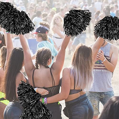 12Pcs Metallic Cheerleading Pom Poms with Cozy Handle, JC-Houser Adorable Cheerleader Pompoms Hand Flowers for Kids Adults Ball Dance Sports Team Spirit Cheering Fancy Dress Night Party (Black)