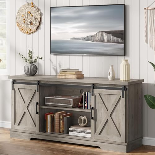 IDEALHOUSE Farmhouse TV Stand for 65-Inch TVs, Storage and Sliding Barn Doors, Grey