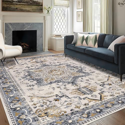 HEBE Washable Area Rug 8'x10',Non Slip Boho Rugs for Bedroom, Vintage Distressed Living Room Rug, Low Pile Indoor Floor Carpet Cover Throw Rug for Dining Room Kitchen Nursery