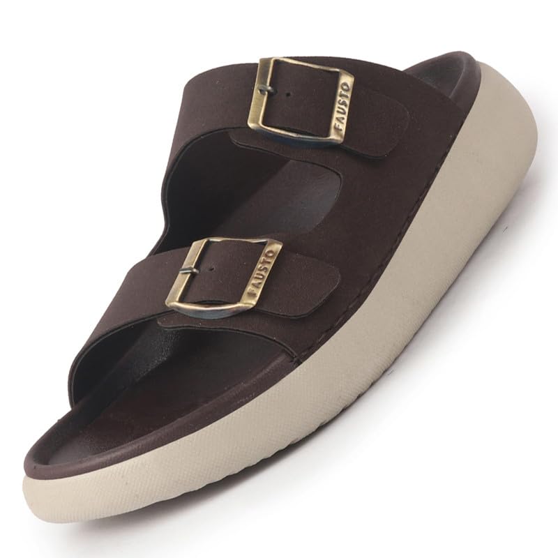 Image of FAUSTO Men Open Toe Buckle Strap Stitched Waterproof Sandals|Soft Cushioned Insole|Summer Slip-On Slipper|Perfect For Monsoon Rainy Season