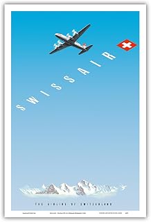 Swiss Alps - Swissair DC-4 - The Airline of Switzerland - Vintage Airline Travel Poster by Hermann Eidenbenz c.1948 - Master Art Print (Unframed) 12in x 18in