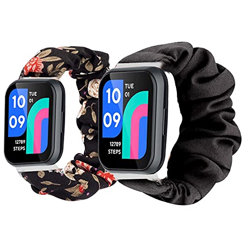 Lamshaw Compatible for Wy ze Watch 47mm Band, Fabric Elastic Scrunchie Elastic Women Cute Replacement Straps Compatible with Wy ze Watch 47mm Smartwatch (2 pack-Black+Black Flower)