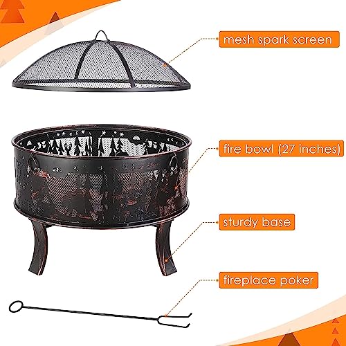 Feuerschalen, Feuerschale mit Funkenschutz, Feuerschale Garten Ø71x65cm, inkl. Poker & Kohlerost, Feuerkorb Retro-Look, Feuerstelle für Garten Camping Strand - Exquisites Elchmuster – Bild 4