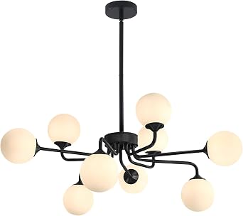 KCO Lighting Mid Century Modern Black Chandelier 9-Light Sputnik Ceiling Light Fixture Milk White Globe Pendant Light Frosted Glass Chandeliers for Dining Room Kitchen Island Entryway
