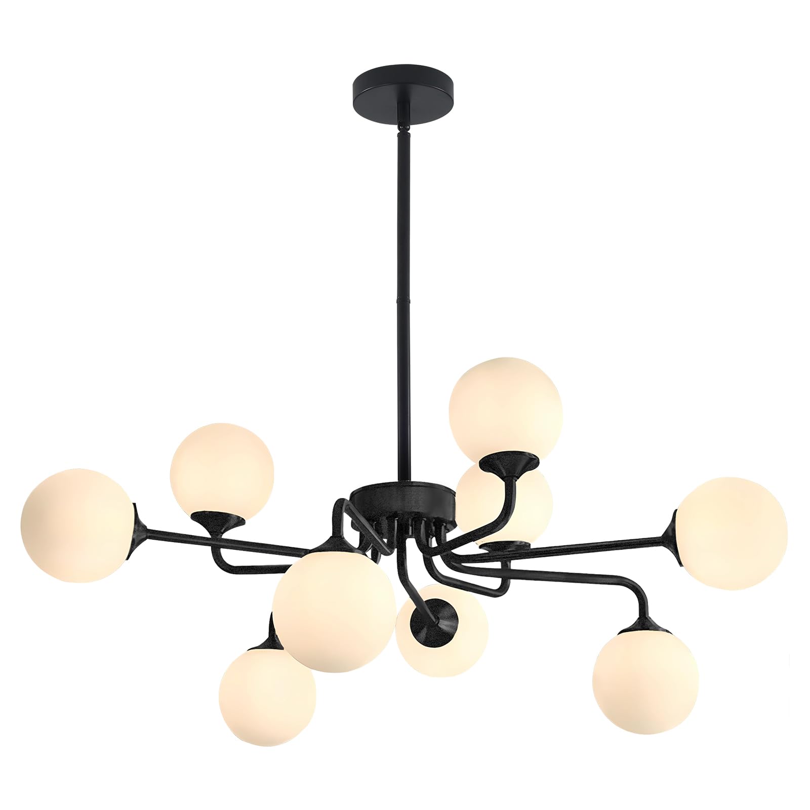 KCO Lighting Mid Century Modern Black Chandelier 9-Light Sputnik Ceiling Light Fixture Milk White Globe Pendant Light Frosted Glass Chandeliers for