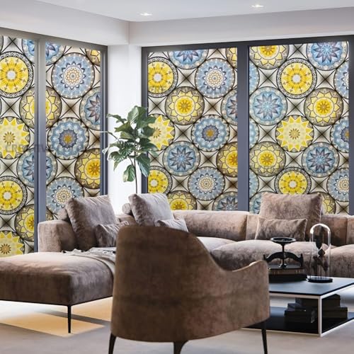 Image of Vinyl Privacy Mandala Window Glass Film (24x360 Inch) - Self-Adhesive Decorative Sticker Opaque Sheet Tint Wallpaper for Glass Cover Window, Door, Office, Home.| Anti-UV. Yellow Blue