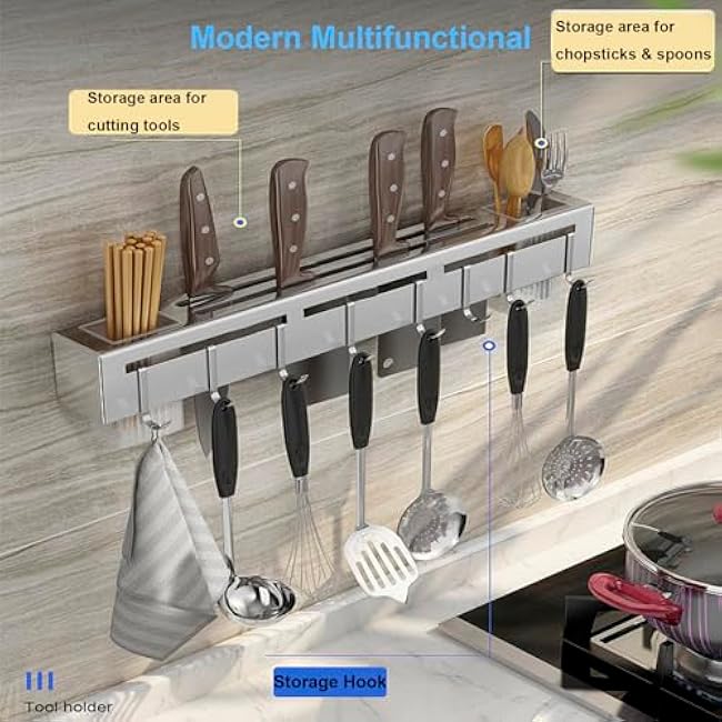 Knife Holder, Stainless Steel Knives Holder with 8 Hooks, No Punching kitchen Wall Mounted Multifunctional Chopsticks & Knife Holder for Storing Chopsticks, Knives & Rags in Home/Hotel