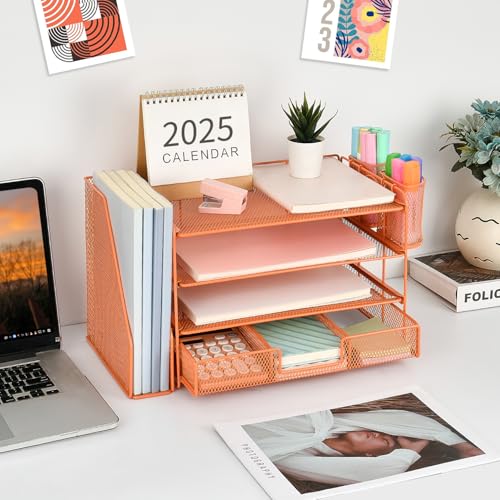Image of gianotter Paper Letter Tray Organizer with File Holder, 4-Tier Desk Accessories & Workspace Desk Organizers with Drawer and 2 Pen Holder for Office Supplies (Orange)