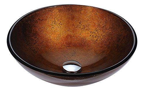 ANZZI Posh Modern Tempered Glass Vessel Bowl Sink in Amber Gold | Bronze Gold Brown Top Mount Bathroom Sinks Above Counter | Round Vanity Countertop Sink Bowl with Pop Up Drain | LS-AZ292