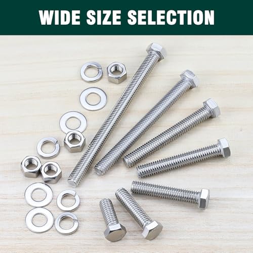 Image of (5 Sets) 1 /2-13 x 1 Hex Bolt and Nut Kit, 304 Stainless Steel (18-8), Fully Threaded, Flat & Lock Washers Included
