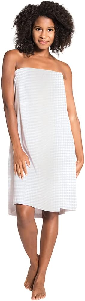 Canyon Rose Waffle Weave Long Spa Wrap, Simple Body Wrap, Luxurious Waffle Weave Knit, One Size Fits Most, Generous Length, Elasticized Top with Touch-and-close Fasteners at Top and Waist, White