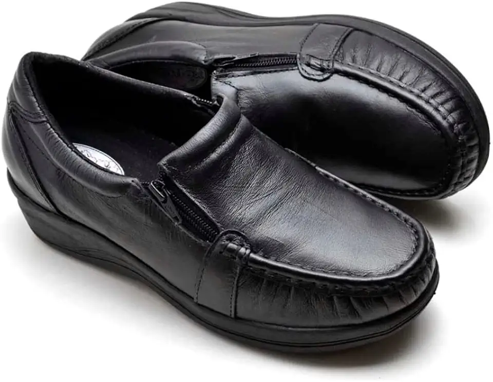 Sapato Feminino Ortopédico Sapatenis Mocassim de Couro Legitimo com Ziper Anti Stress Calce Facil Macio Confortavel Leve