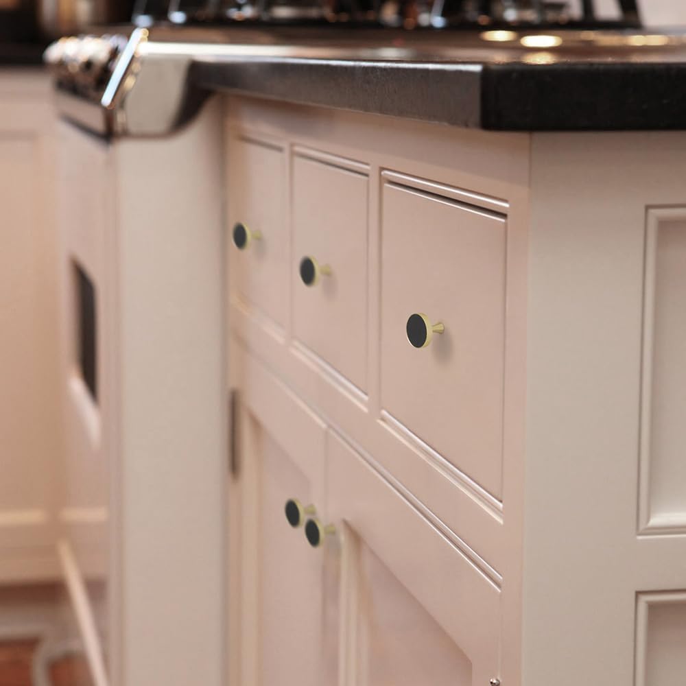 Goo-Ki Exquisite Elegance: Brushed Brass Cabinet Knobs with Black Leather Accents - Luxury Drawer Pulls for Sophisticated Décor