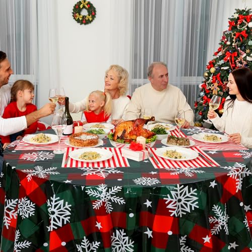Image of Ganeen 6 Pcs Christmas Buffalo Plaid Snowflake Decoration Red Green Snowflake Winter Plastic Tablecloth Winter Party Wonderland Decorations Xmas Table Cover for Christmas Holiday Birthday Party Supply