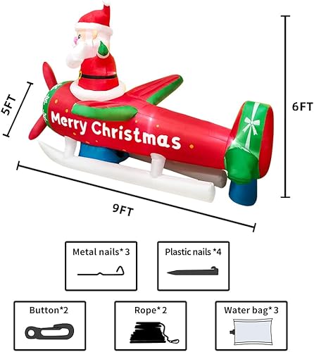 Miniatura 6 de KOOY Decoraciones inflables de Navidad de 9 pies para exteriores, Papá Noel en avión, decoraciones inflables de patio con luz LED para Navidad,