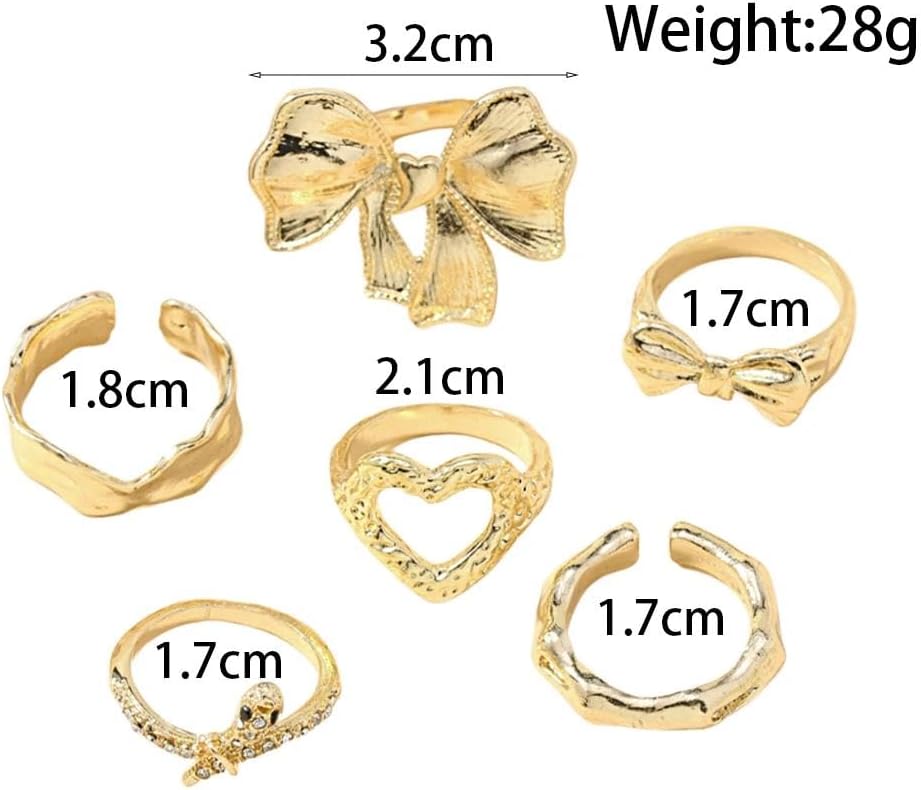 Rrdaily Vintage Gold Zircon Heart Bow Statement Knuckle Ring Set for Women,Trendy Geometric Love Bowknot Snake Stacked Joint Ring,Charm Jewelry Accessories Gifts - Image 3