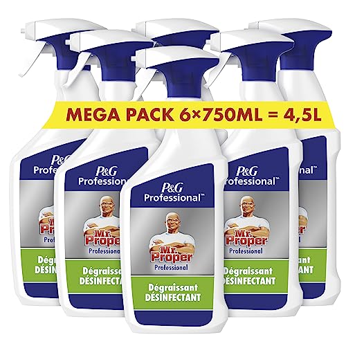 Mr. Propre Professional Spray Désinfectant Et Dégraissant, (6 x 750ml), Odeur Neutre, Dissout Rapidement La Graisse Et Élimine La Saleté, Ne Laisse Aucun Résidus Dangereux, Agréé Contact Alimentaire