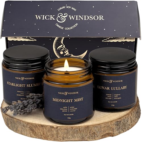 Wick & Windsor Scented Candles Gift Set – Valentines & Birthday Gifts for Women – Soy Wax with Crackling Wooden Wicks Aromatherapy Candle Set - Midnight Collection Wick & Windsor Scented Candles Gift Set – Valentines & Birthday Gifts for Women – Soy Wax with Crackling Wooden Wicks Aromatherapy Candle Set - Midnight Collection