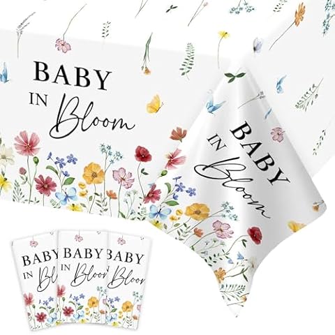 Heboland 3 Pack Baby in Bloom Baby Shower Tablecloth Decorations, Wildflower Floral Large Size 54 x 108 Inch Rectangular Plastic Tablecloth Party Decor Cover
