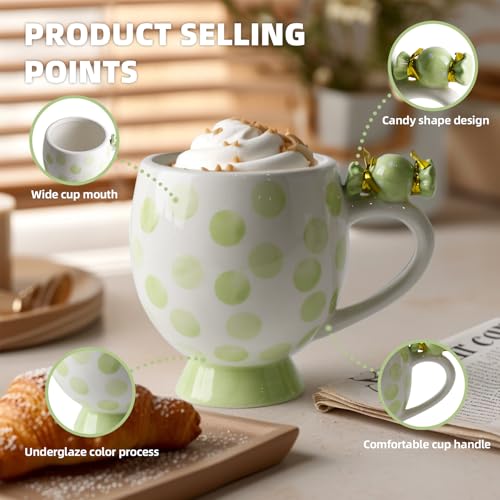 Image of DIF DECO Mugs Ceramic Handmade Candy Shape Cute Coffee Mug Unique Holiday Mug with Handle Hot Cocoa Cup Perfect for Tea & Coffee Lovers, Gifts for Family Friend or Children 12 OZ (Green Dots)