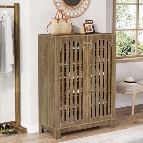 Image of Tribesigns Shoe Cabinet Set of 2, Wood Shoe Organizer Cabinet with Doors & Adjustable Shelves, Shoe Storage Rack for Entryway, Living Room