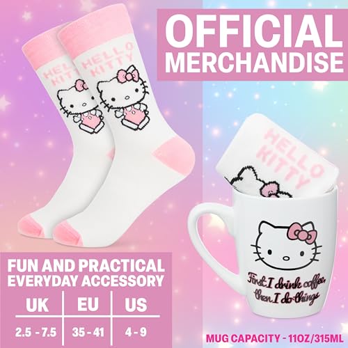 Image of Get Trend Hello Kitty Sanrio 11oz Mug and Socks Set, Kawaii Crew Socks Ceramic Coffee Mug Microwave Safe, Gifts for Women, Wife, Girlfriend (Pink /White Hello Kitty)