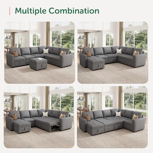Image of HONBAY Modular Sectional Sleeper Sofa with Pull Out Bed, Convertible L Shaped Couch with Storage Seat, Sectional Couches for Living Room,Grey