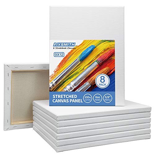 Image of FIXSMITH Stretched White Blank Canvas - 9x12 Inch, Bulk Pack of 8, Primed,100% Cotton, 5 /8 Inch Profile of Super Value Pack for Acrylics,Oils & Other Painting Media.
