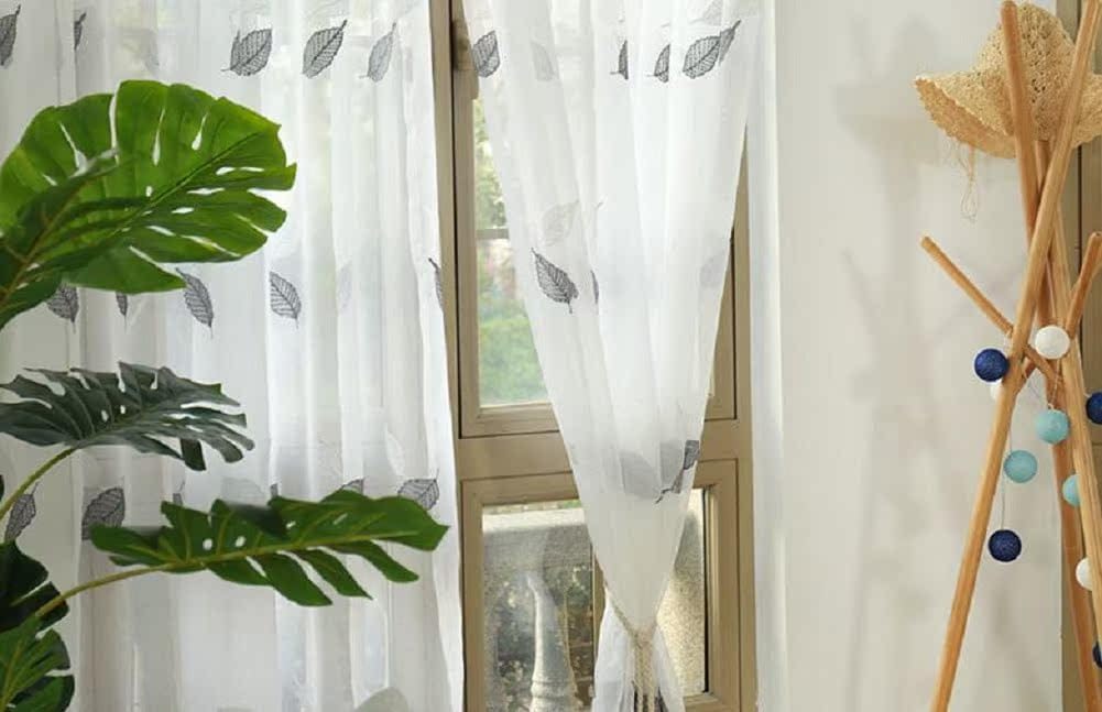 Rural Style Luxury 52 Width Window Treatments Sheer Curtains Basic Rod Pocket Top Style for Living Nursery Room Leaf Embroidery