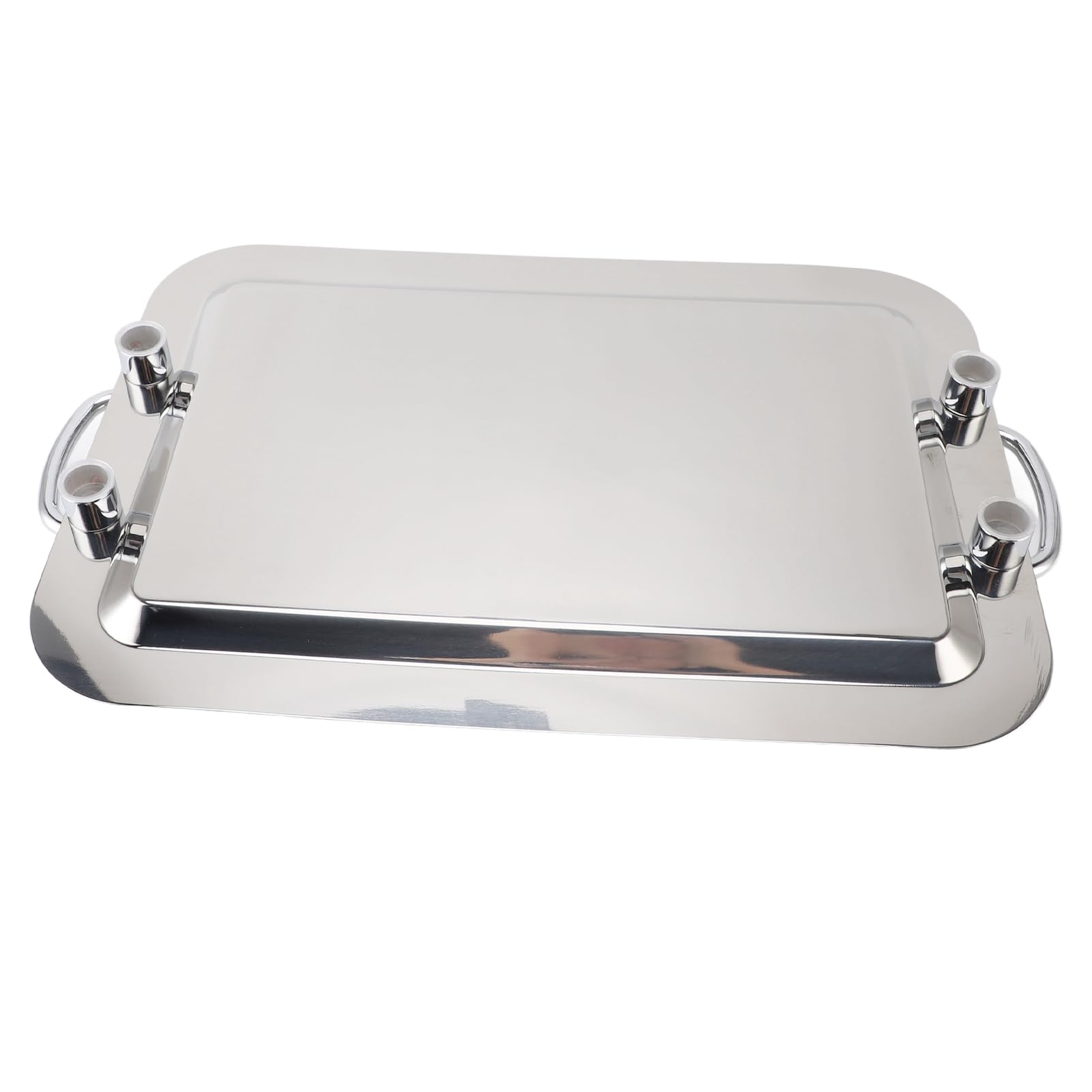 Stainless Steel Serving Tray with Handle, Multifunction Portable Metal Platter, Elegant and Practical Dinner Plate for Restaurant Hotel Buffet (Rectangle Shape with Silver Handle, 47.5cm)