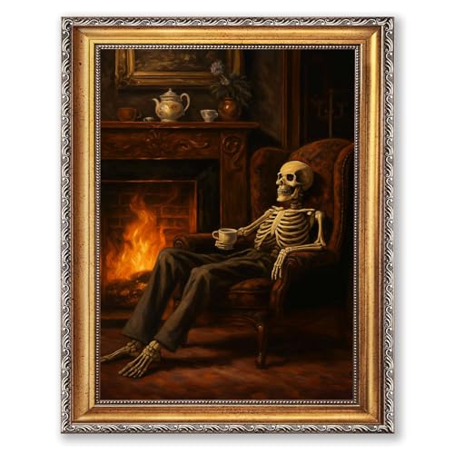 Framed Skeleton Relaxing by Fireplace Canvas Print Art Vintage Poster