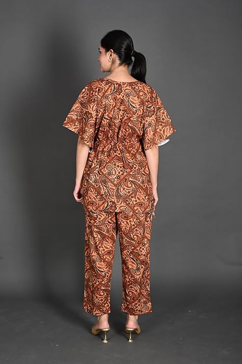 Image of Vlazom Women's 100% Cotton Printed Kaftan & Pyjama Set - Combo Pack of 2 | Free Size Nightwear with Pocket | Soft Cotton Loungewear Co-ord for Women