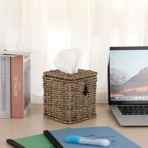 BTSKY Household Square Natural Seagrass Tissue Box Decorative Woven Paper Holder Cube Tissue Cover Holder Tissue Storage Organizer Tissue Dispenser Case Napkin Box