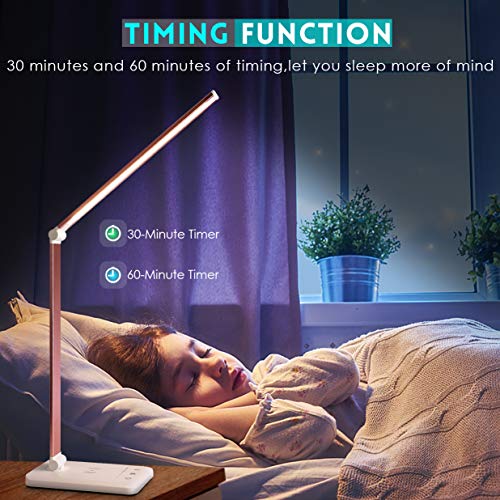 Jostic Led Desk Lamp With Wireless Charger, Usb Charging Port, Desk Lighting With 10 Brightness, 5 Color Modes, Dimmable Eye Caring Reading Desk Lamps For Home Office, Touch Control, Auto Timer, Pink #TOP5