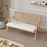 RARZOE Rattan Patio Loveseat Bench with Cane Back & Solid Wood Base, Modern Upholstered Rattan Patio