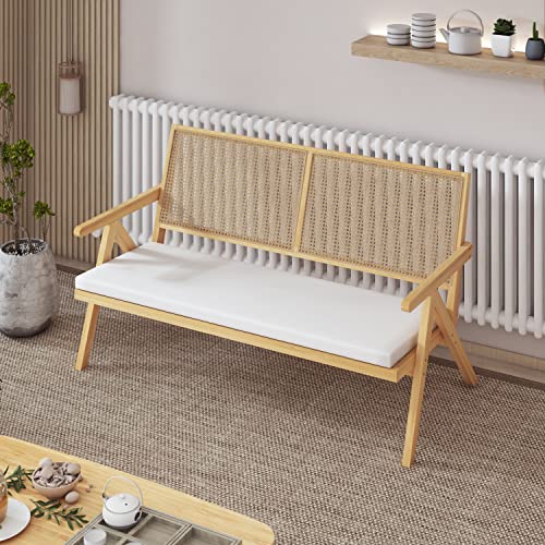 Rarzoe Rattan Patio Loveseat Bench With Cane Back & Solid Wood Base, Modern Upholstered Rattan Patio Outdoor Bench Sofa With Removable Cushions For Living Room Garden Patio Porch, Natural #TOP13