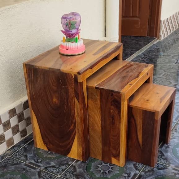 Jdav Solid Nesting Table| Sheesham Wood Bedside End Table for Living Room, Bedroom, Kitchen Multi use Tables | Natural Finish 1