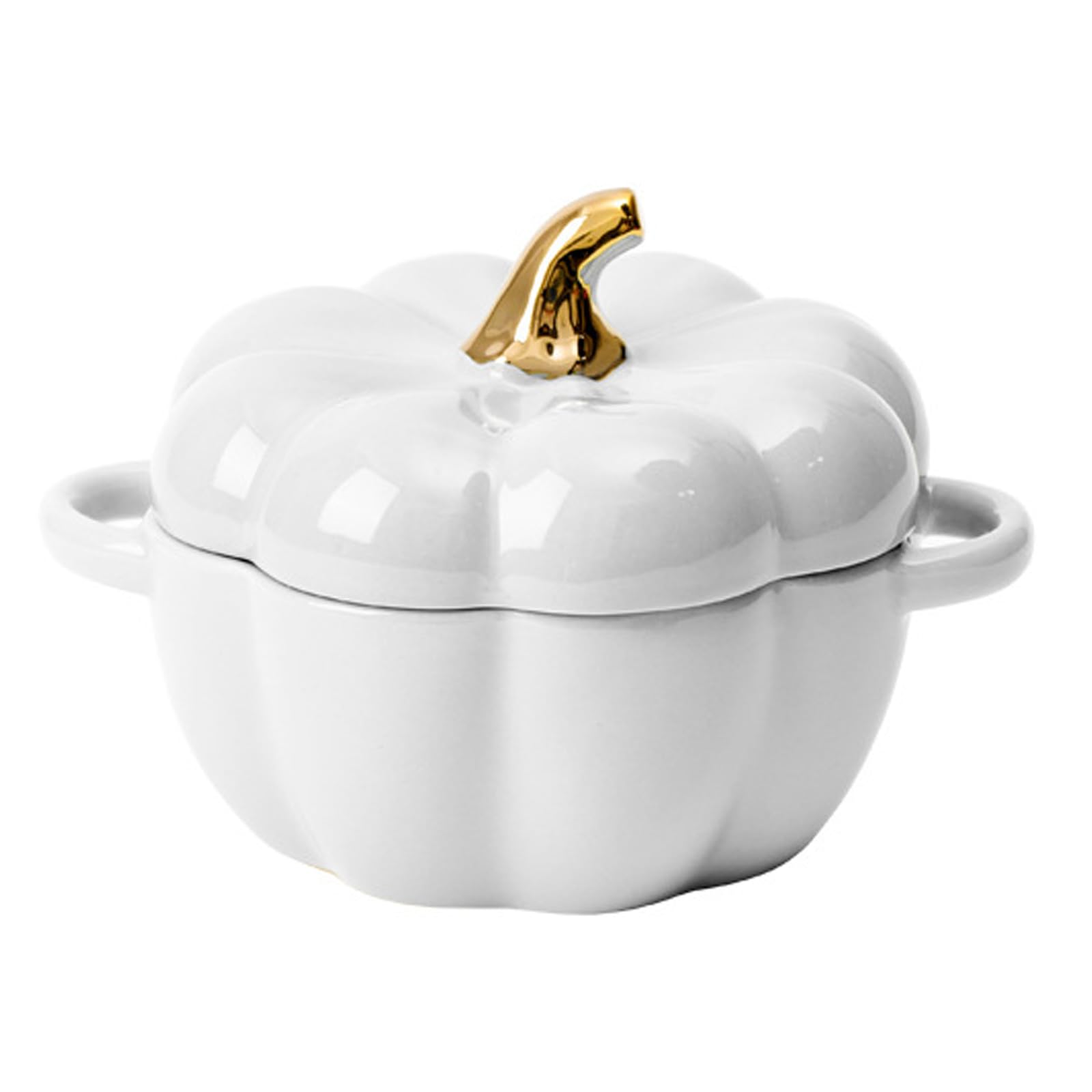 WREWING Dutch Oven Pot with Lid, 15 Oz Cute Pumpkin Ceramic Dessert Saucepan with Handle, Mini Pumpkin Bowl Baking Dish, Covered Stockpot Pottery Casserole, Halloween Thanksgiving Decor (White)