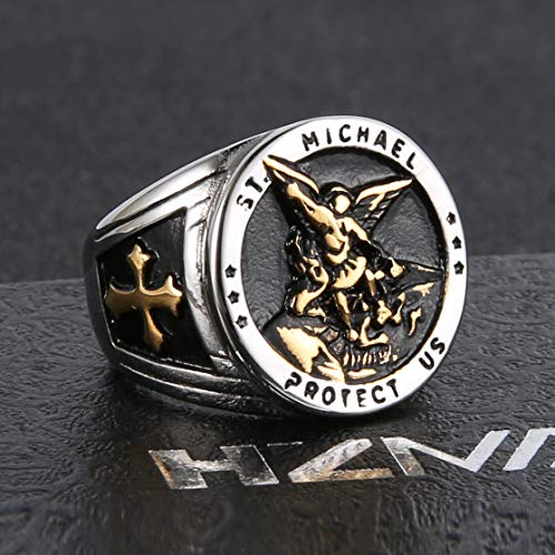 Image of HZMAN St. Michael San Miguel The Great Protector Archangel Defeating Satan Figurine Stainless Steel Amulet Ring