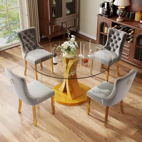 Image of 5-Piece Dining Table Set with 47In Tempered Glass Table and 4 Velvet Upholstered Chairs, Modern Scandinavian Furniture for Dining Room Kitchen(Gray&Gold)