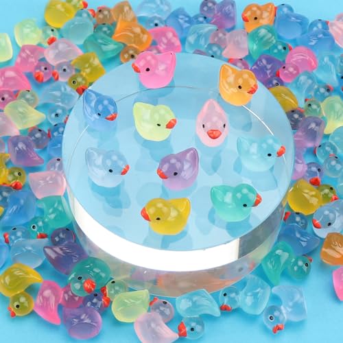 Elektheim 100 Stück Mini Leuchtende Harz Enten, Miniatur Bunte Harz, Kleine Enten zum Basteln für Aquarium Puppenhaus Miniaturgarten Handwerk Topfdekorationen DIY (10 Farben)