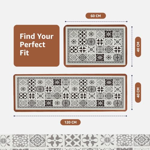Image of Amazon Brand - Solimo Silicone Kitchen & Bath Mat (Pack of 2) | Black and white with natural wood colored border| Anti-Fatigue Comfort Foam | Waterproof & Anti-Slip | 60 x 40 cm & 40 x 120 cm| Quick-Dry & Easy Clean