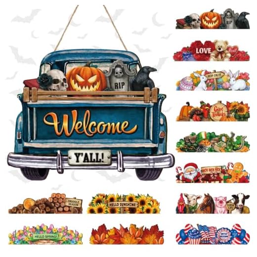 Interchangeable Welcome Sign Blue Truck Decor Hanging Sign Farmhouse Seasonal Welcome Signs Rustic Interchangeable Holiday Decor with 12 Holiday Icons for Valentine's Day St Patrick's Day Spring