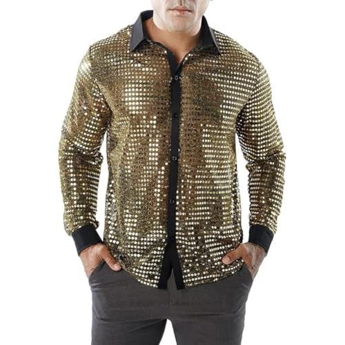 Chemise brillante pour hommes, paillettes à manches longues 70s 80s chemise de robe disco, bouton rétro t-shirt de danse scintillante, maille transparente en...