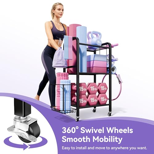 Josmimic 3-Tier Heavy-Duty Home Gym Storage Rack with Hooks and Smooth Wheels for Workout Gear