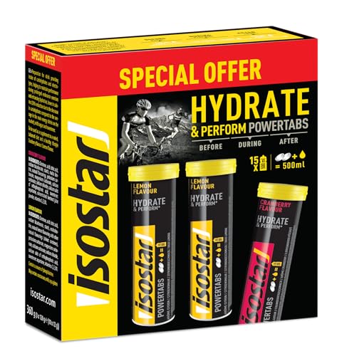 Isostar - Hydrate & Perform Powertabs Zitronen und Cranberrygeschmack - Tabletten für Isotonisches Getränk - Zufuhr von Kohlenhydraten und Elektrolyten - 3 Tuben à 10 Tabletten