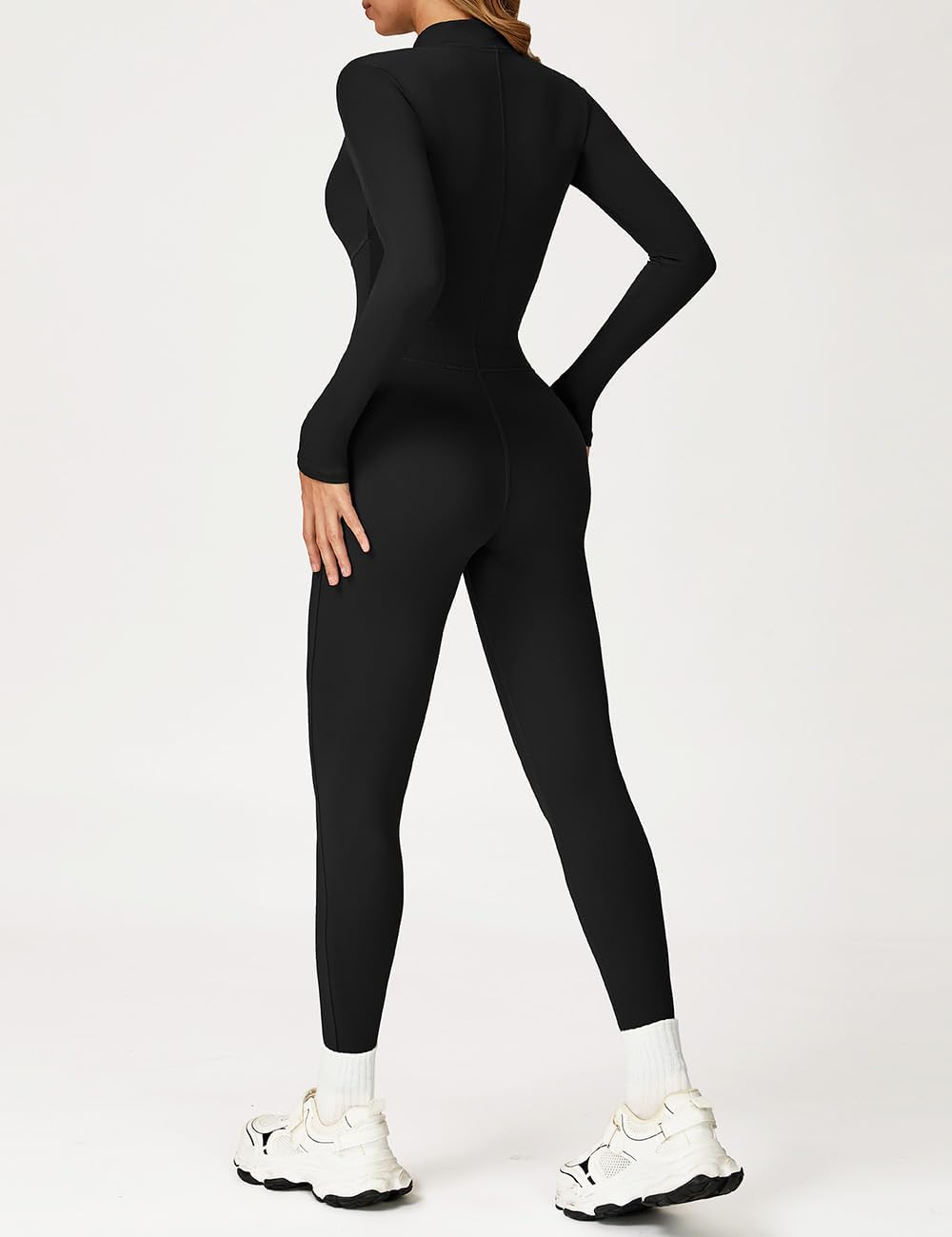 AEEZO Womens Fleece Lined Contour Seams Workout Jumpsuits Zip Up Thermal Yoga Rompers Sexy One Piece Bodycon Playsuit - Image 3