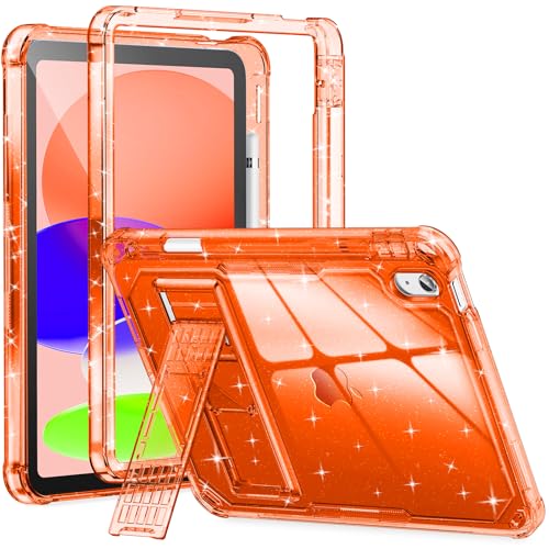 INFILAND Kids Case for iPad A16 11 inch 11th Generation,iPad 10th Generation Case 10.9 Inch, Heavy Duty Shockproof Protective Cover with Stand, Glitter Clear Cute Shell for Girls, Women (Orange)